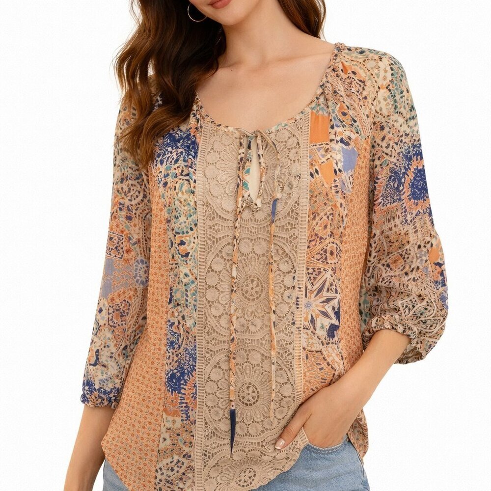 Anthro Meadow Rue Roselle Peasant Top XS Boho Lace Kaleidoscope Print